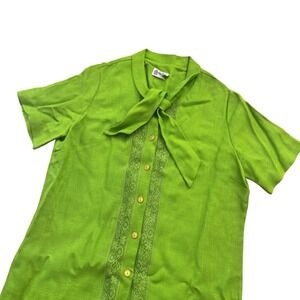 Vintage 60s Cay Artley Bright Green Short Sleeve Button Shift Midi Dress XL
